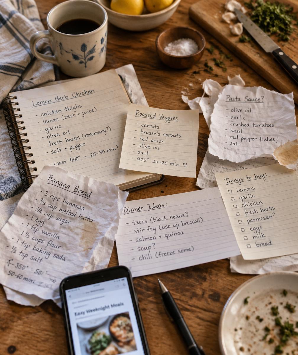 Scattered handwritten recipe notes and a phone on a kitchen table