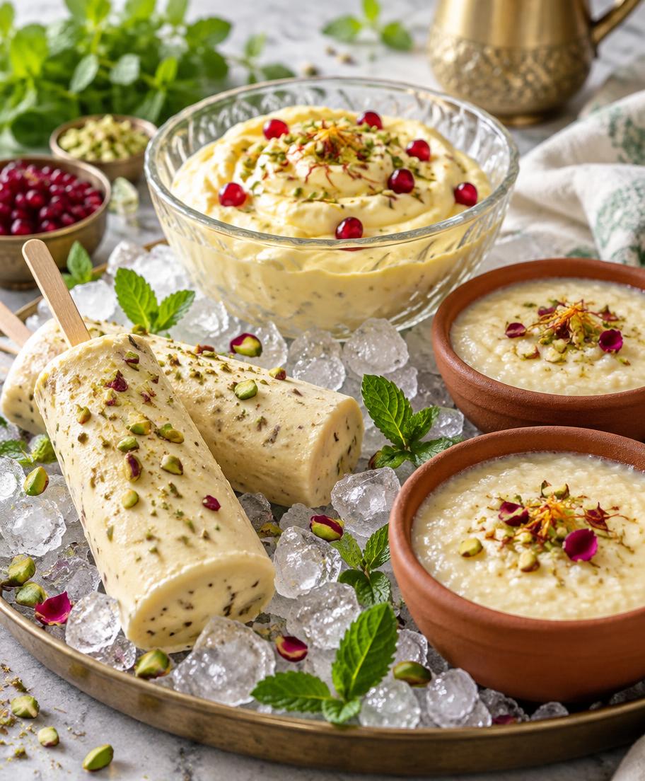 Kulfi, shrikhand and phirni served over ice