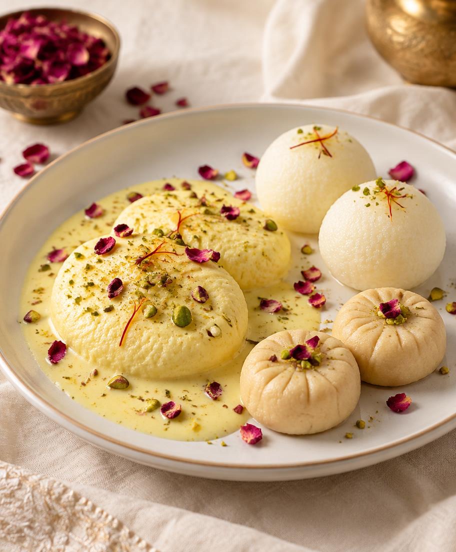 Plate of rasmalai, rasgulla and peda with rose petals