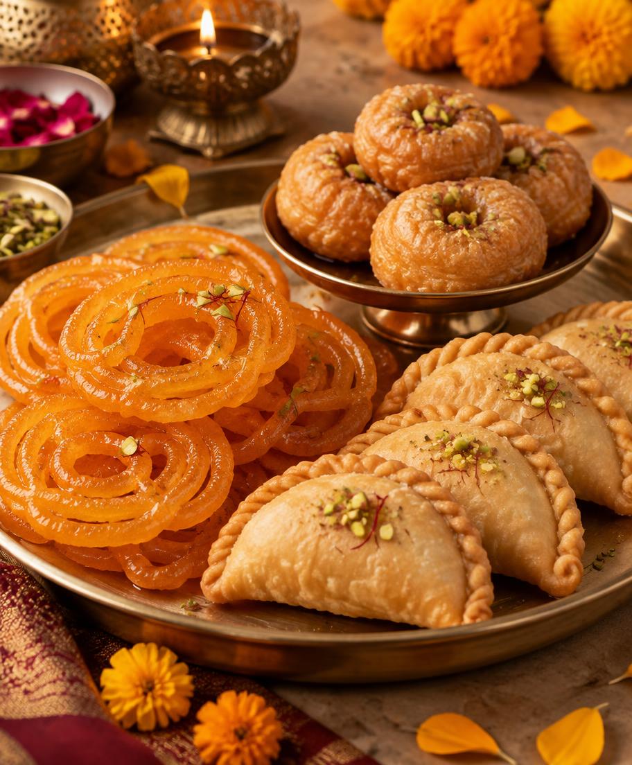 Jalebi, gujiya and balushahi arranged on a brass thali