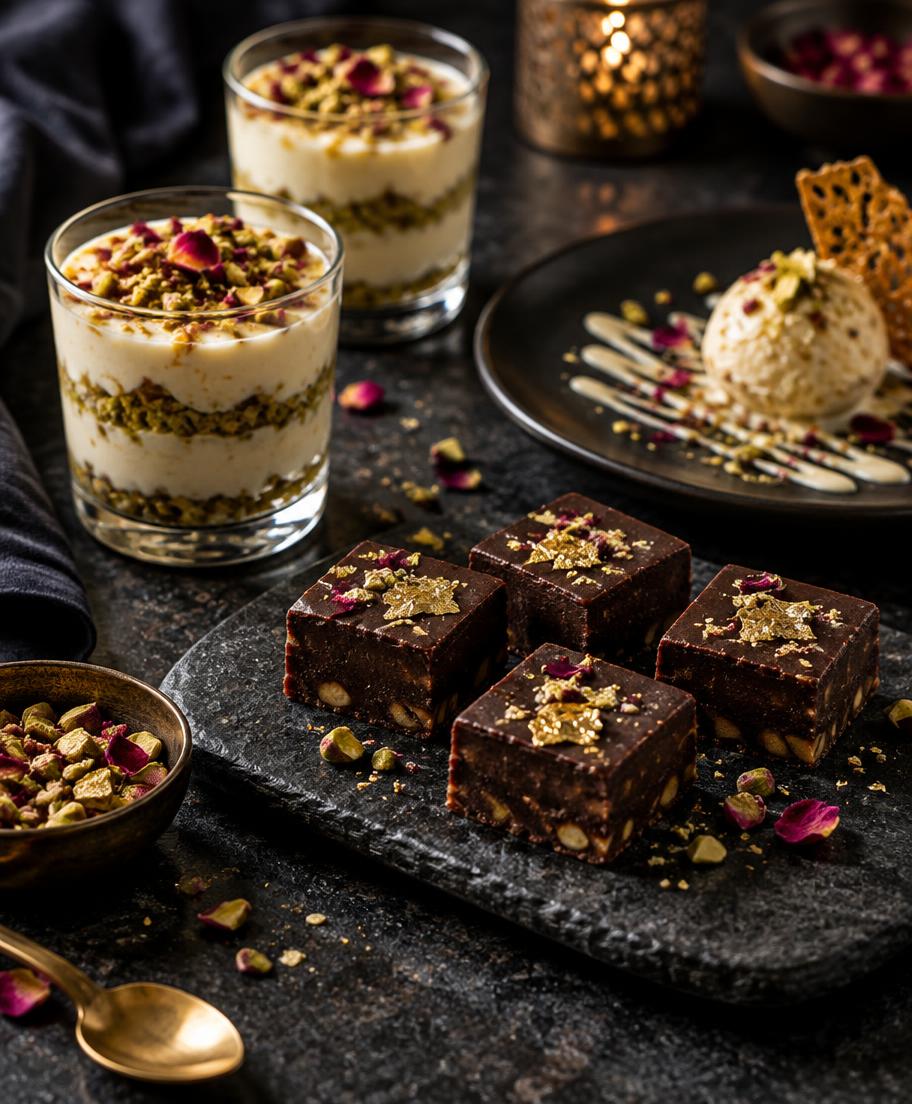 Chocolate barfi squares and layered dessert cups on dark stone