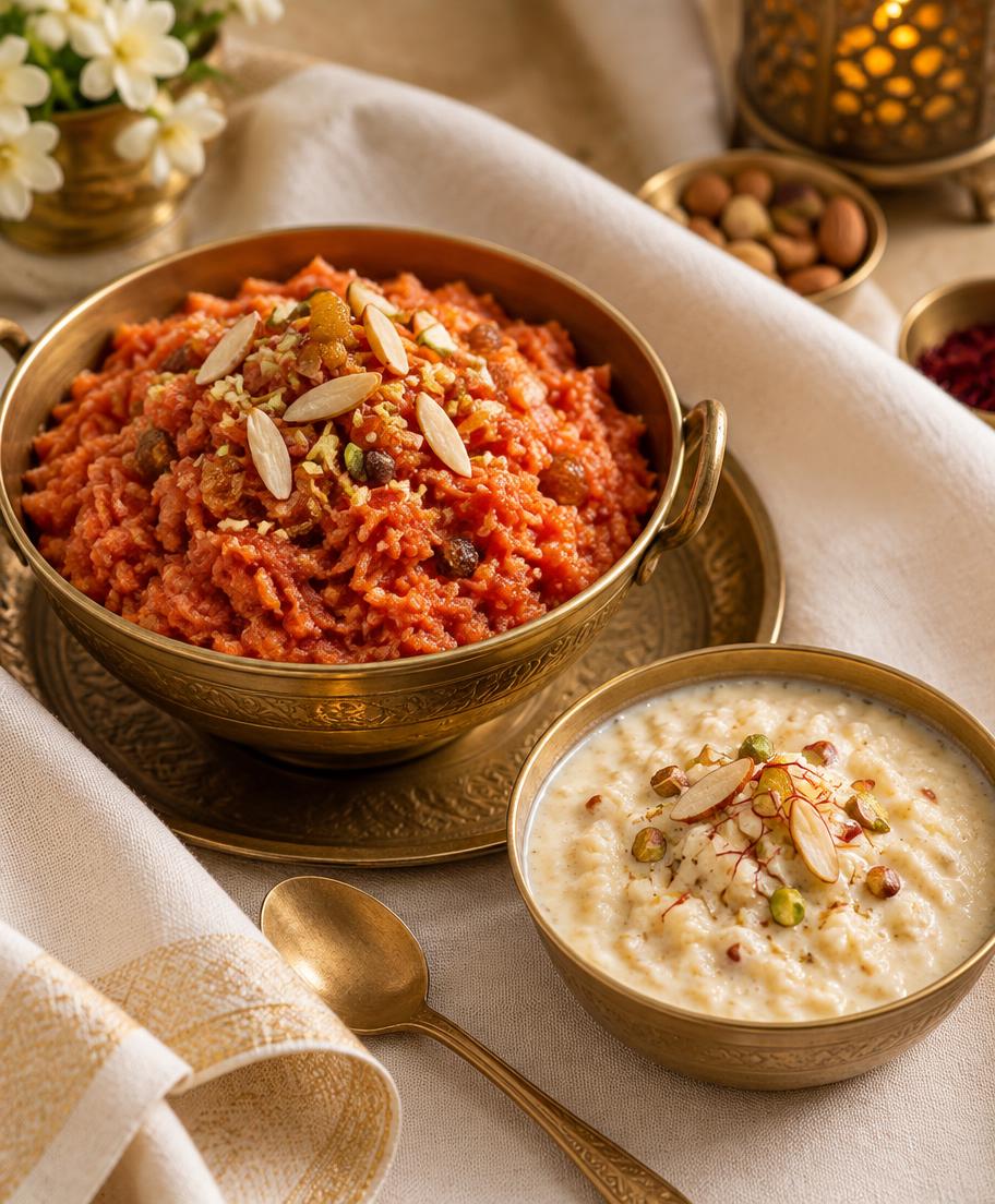 Bowl of gajar ka halwa beside rice kheer in brass bowls