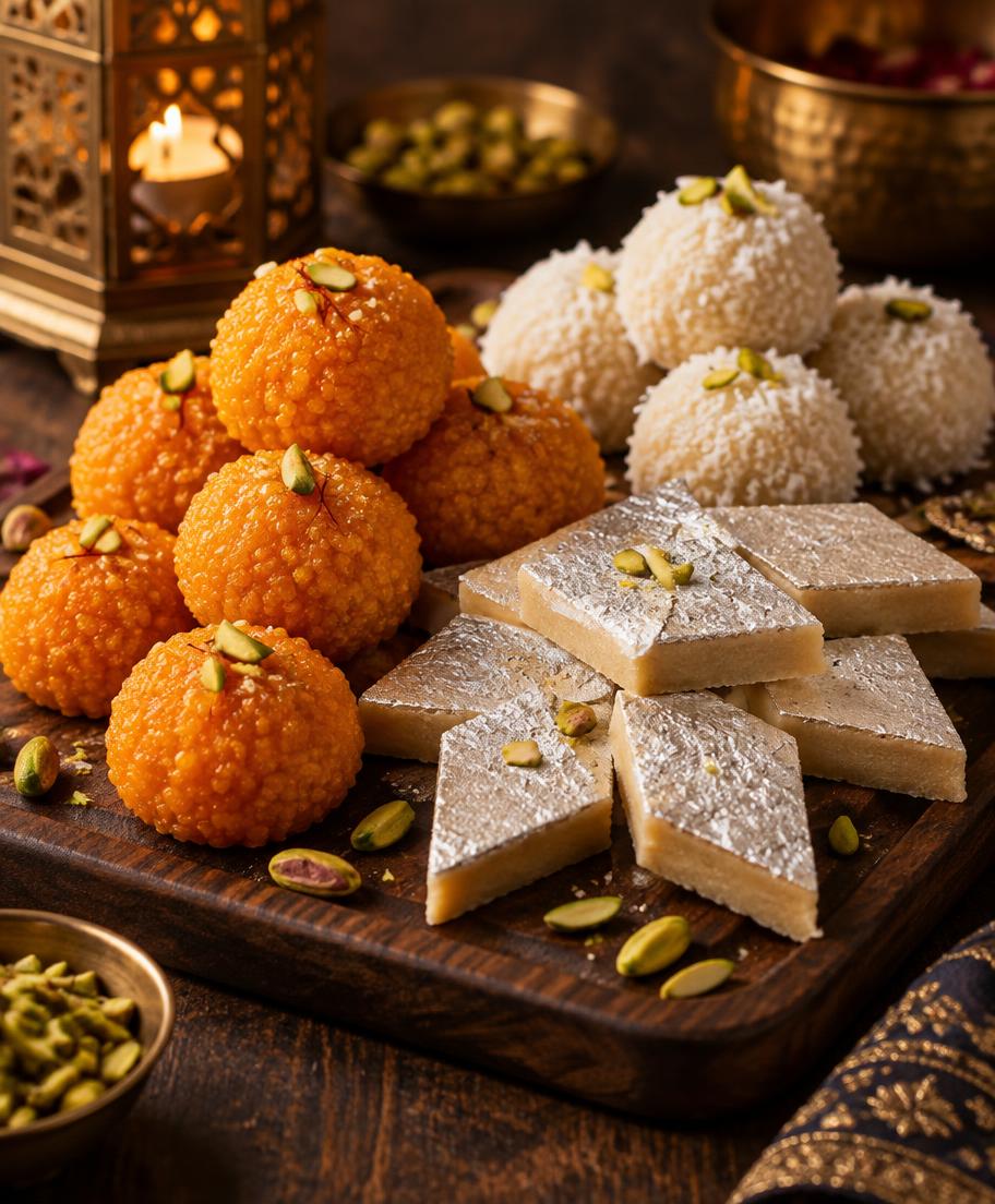Motichoor ladoo, coconut ladoo and kaju katli on a wooden board