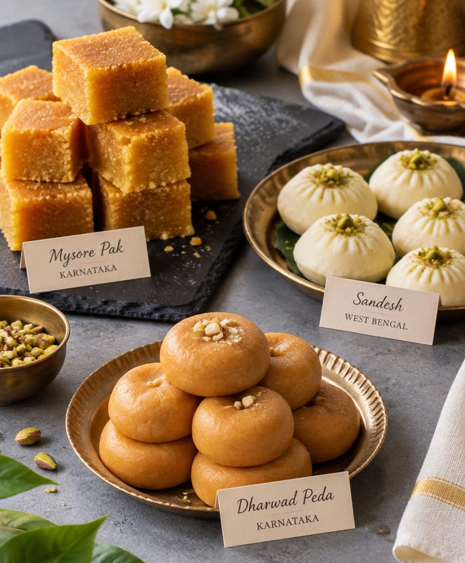 Mysore Pak, sandesh and Dharwad peda with handwritten labels