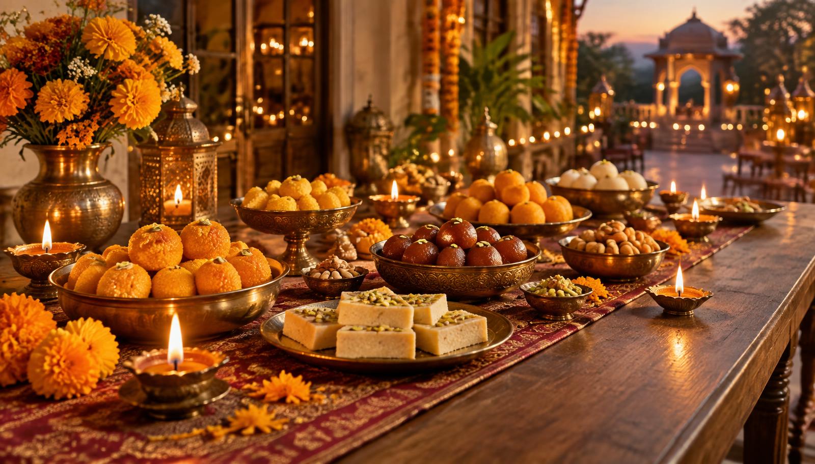 A long festive table spread with mithai, glowing diyas and marigold flowers