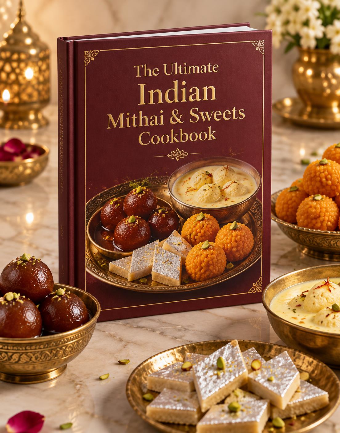 The Ultimate Indian Mithai & Sweets Cookbook standing among bowls of gulab jamun, rasmalai, motichoor ladoo and kaju katli