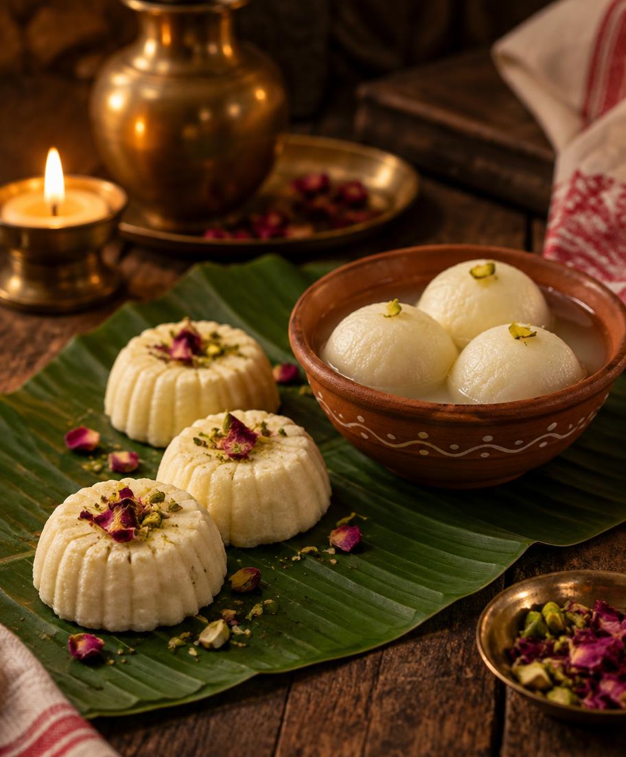 Sandesh and rasgulla served on a banana leaf