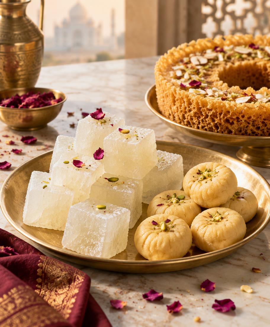 Petha cubes, peda and ghewar on a brass plate