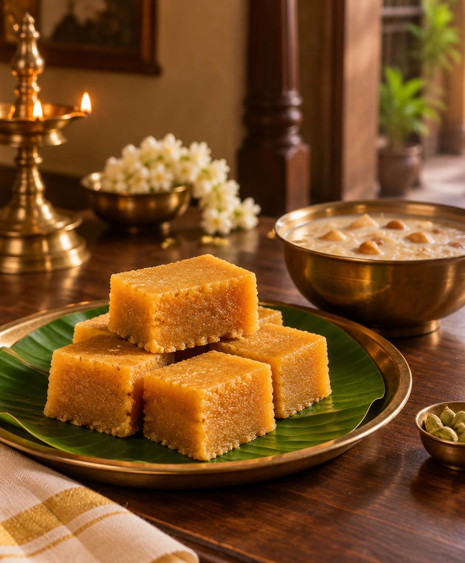 Stacked Mysore Pak squares on a banana leaf