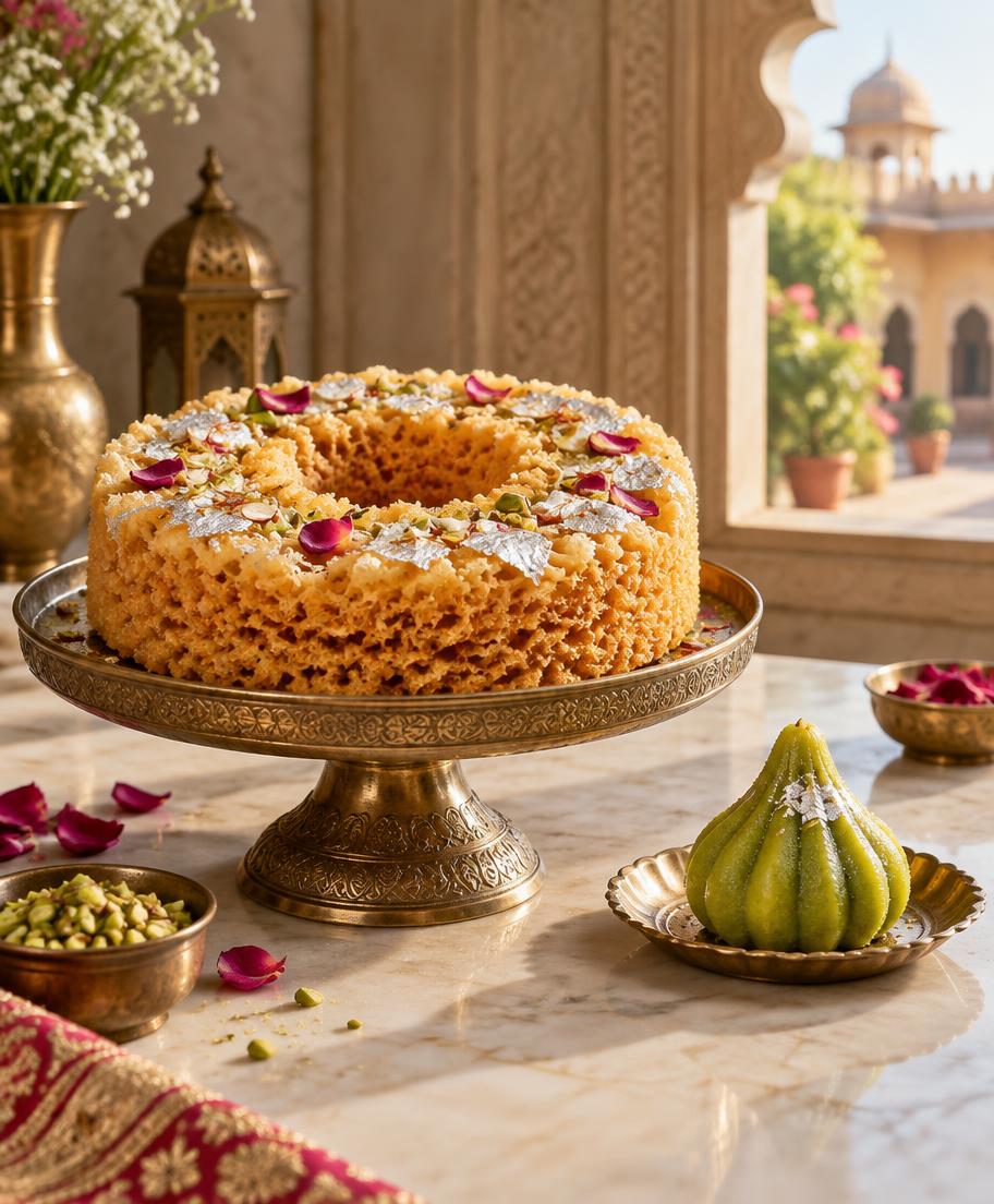 Ornate ghewar on a stand with a fresh modak
