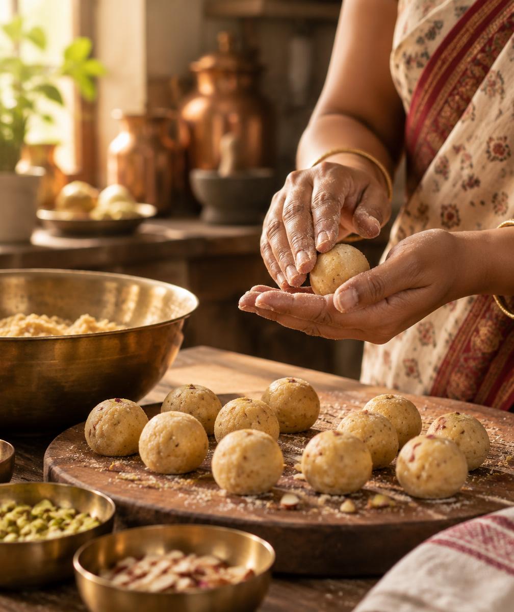 Hands rolling dough balls for homemade Indian sweets