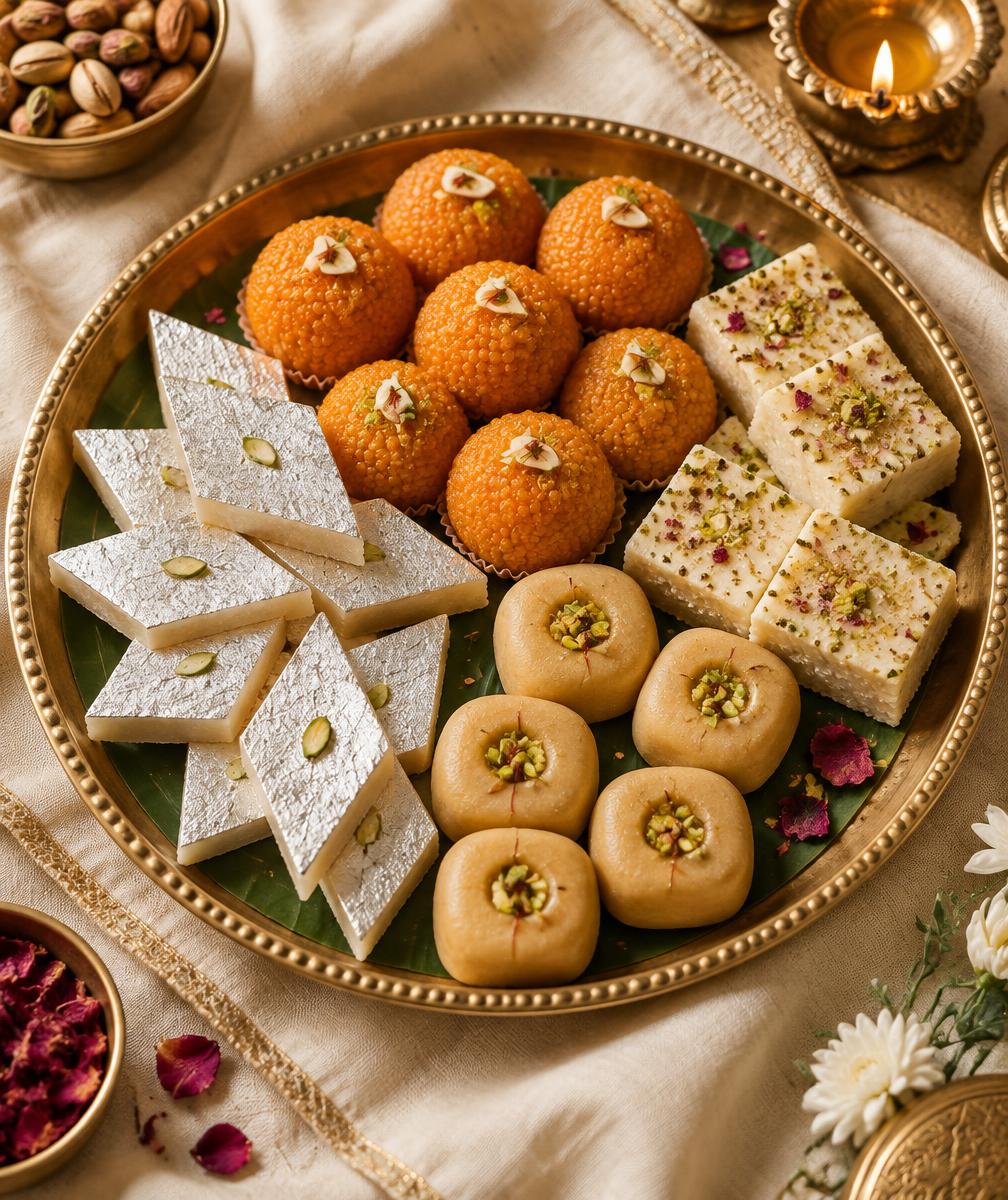A brass platter of assorted homemade mithai