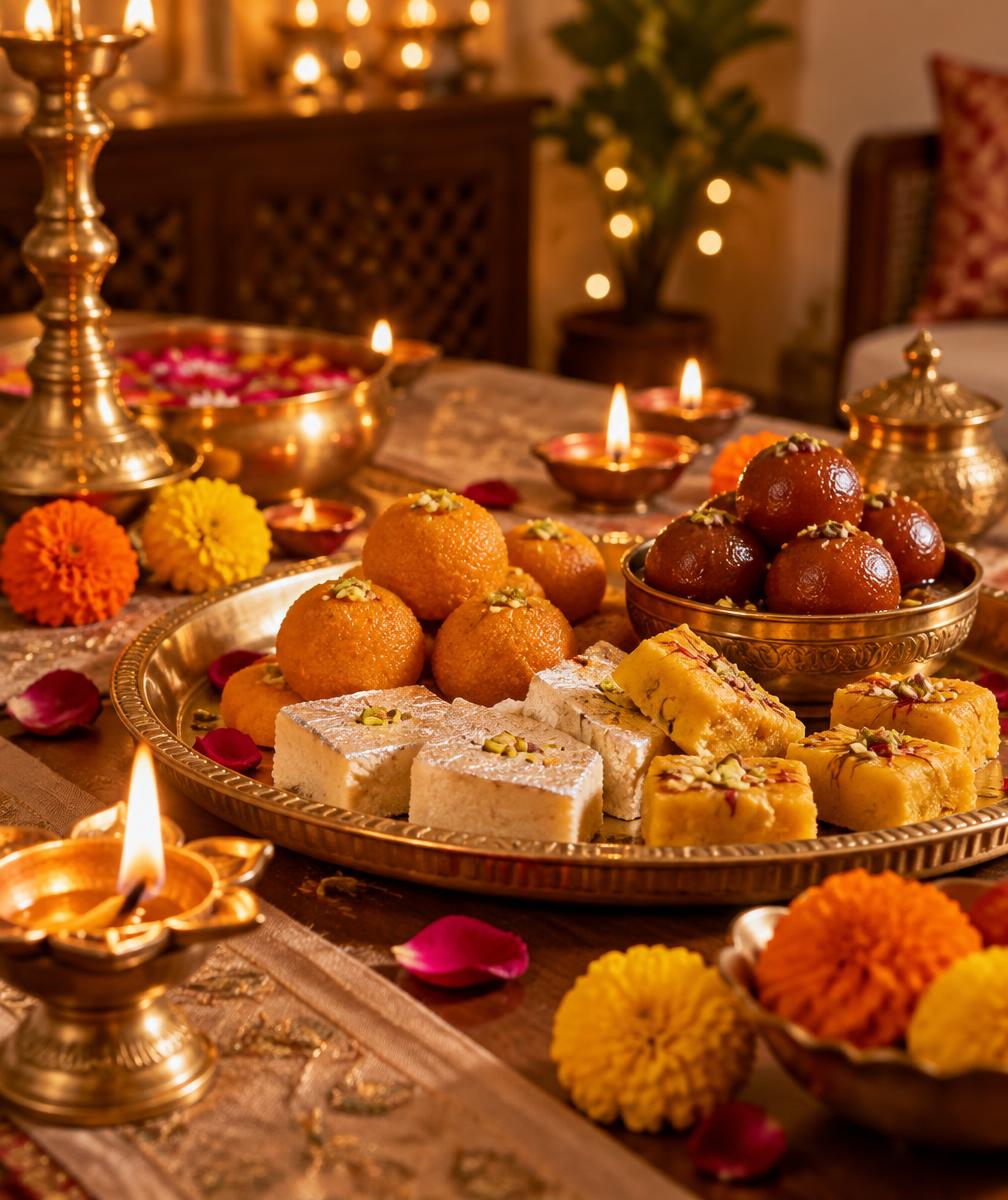 A warm festive table set with diyas, mithai and marigold flowers